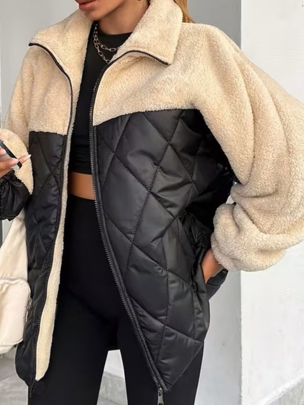 ♥️Sherpa Quilted Two-Tone Zip Jacket - Cream & Black